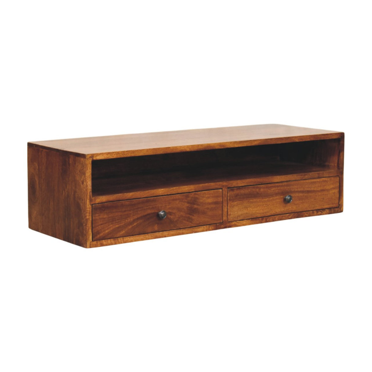 Solid Wood Lunar Wall-Mounted Media Unit, 2-Drawers, Chestnut