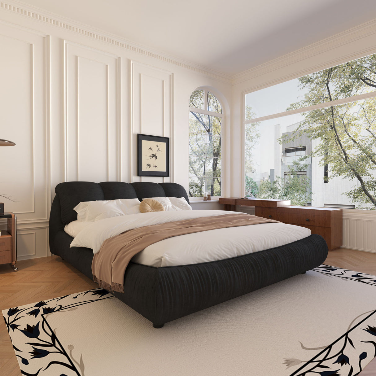 Luxury Upholstered Platform Bed With Oversized Padded Backrest And Solid Wood Frame