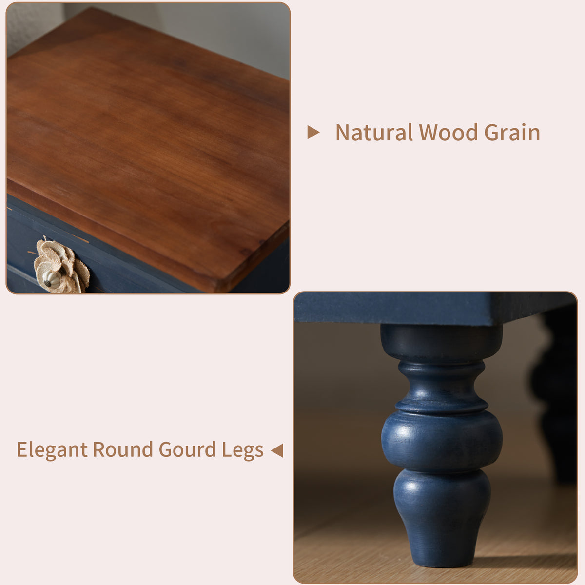 Vintage Farmhouse Nightstand with Floral Knobs, 3 Drawers, Antique Blue