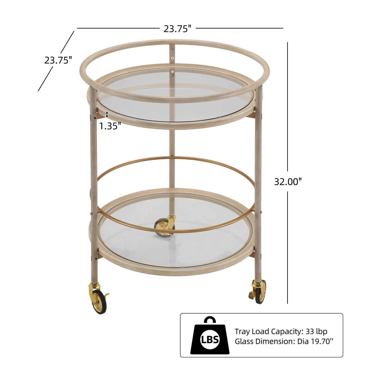 Round Bar Cart with Tempered Glass Shelves and Gold Accents