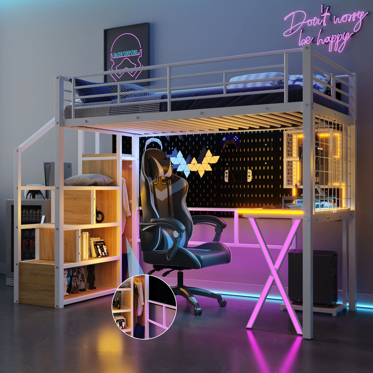 Loft Bed With Built In Work Station, Wardrobe, Storage Staircase And LED