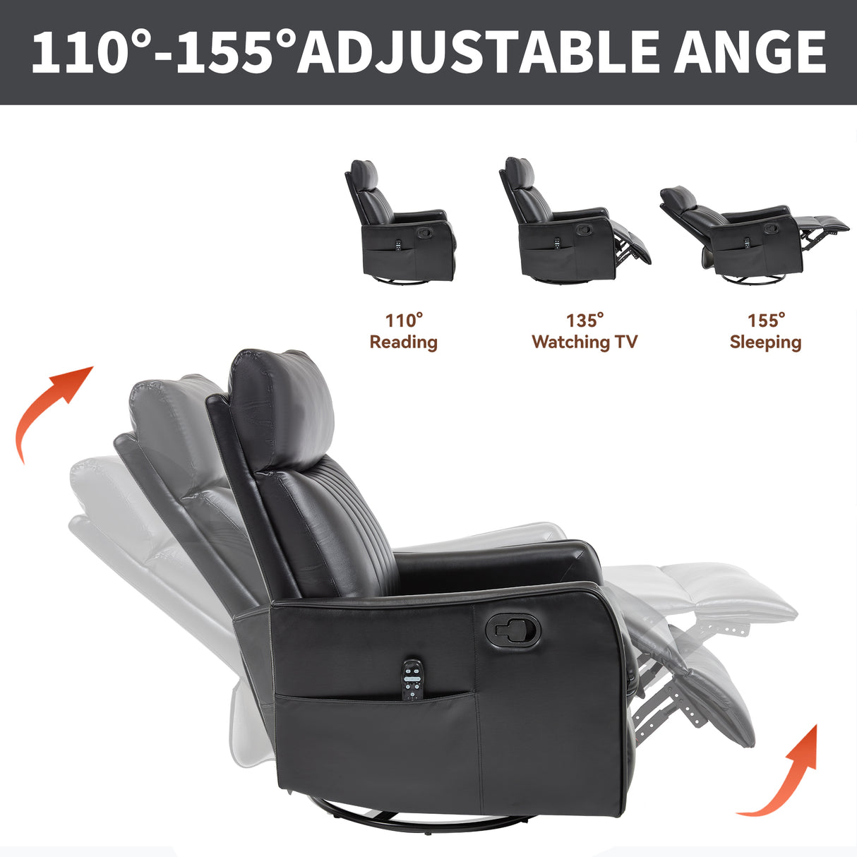 Black Faux Leather Heat Massage Manual Recliner Chair