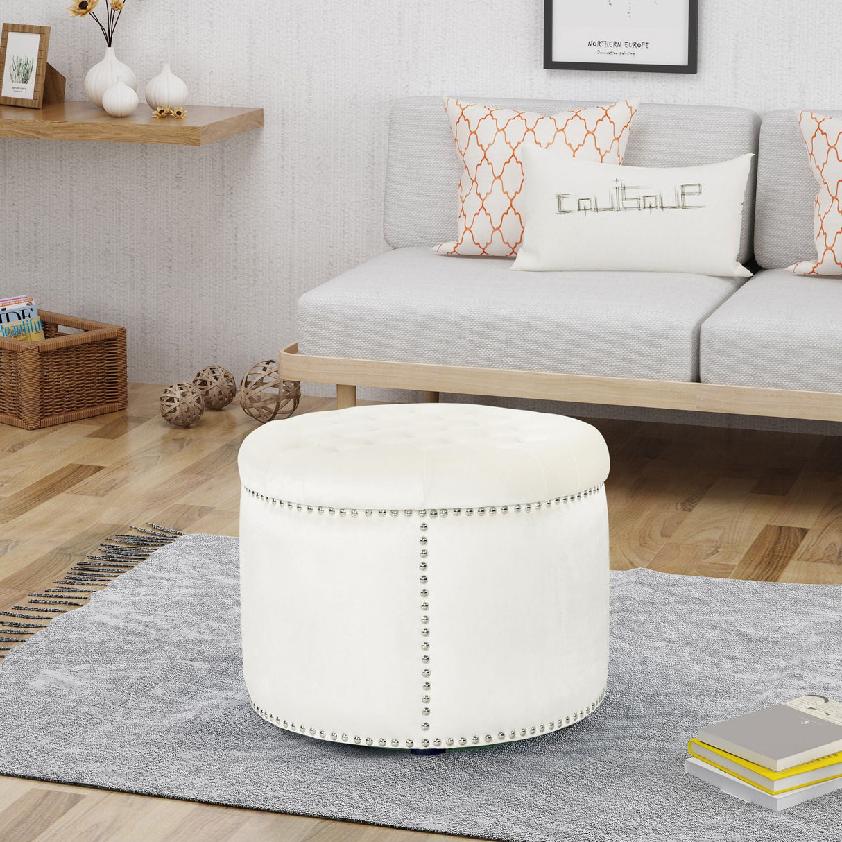 Elegant Round Ottoman Footstool With Studded Rim - Best Buy Furniture