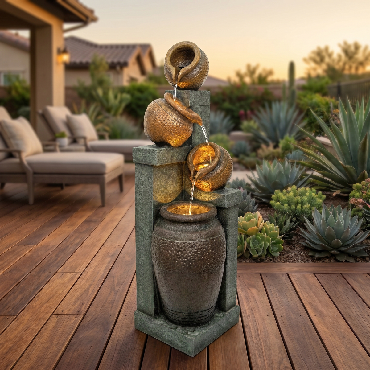Outdoor Water Fountain – 34.8" Tall 4-Tier Pot Waterfall with LED Lights