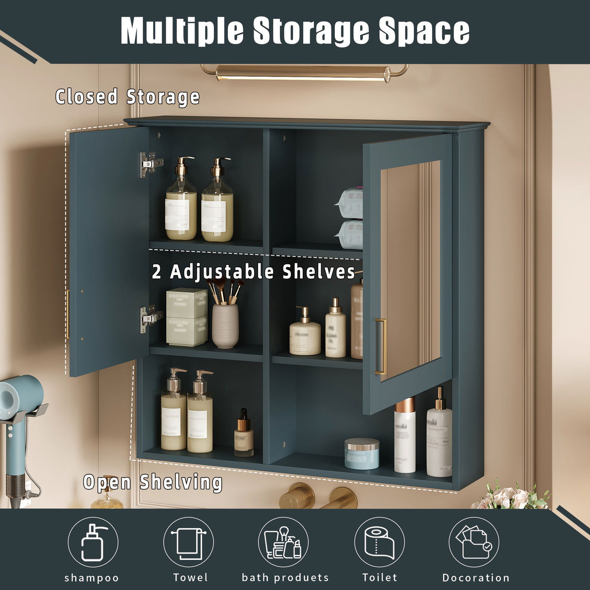 2 In 1 Wall-Mounted Mirror Cabinet With Adjustable Shelves, Soft-Close Doors, High-Definition Mirror & Storage