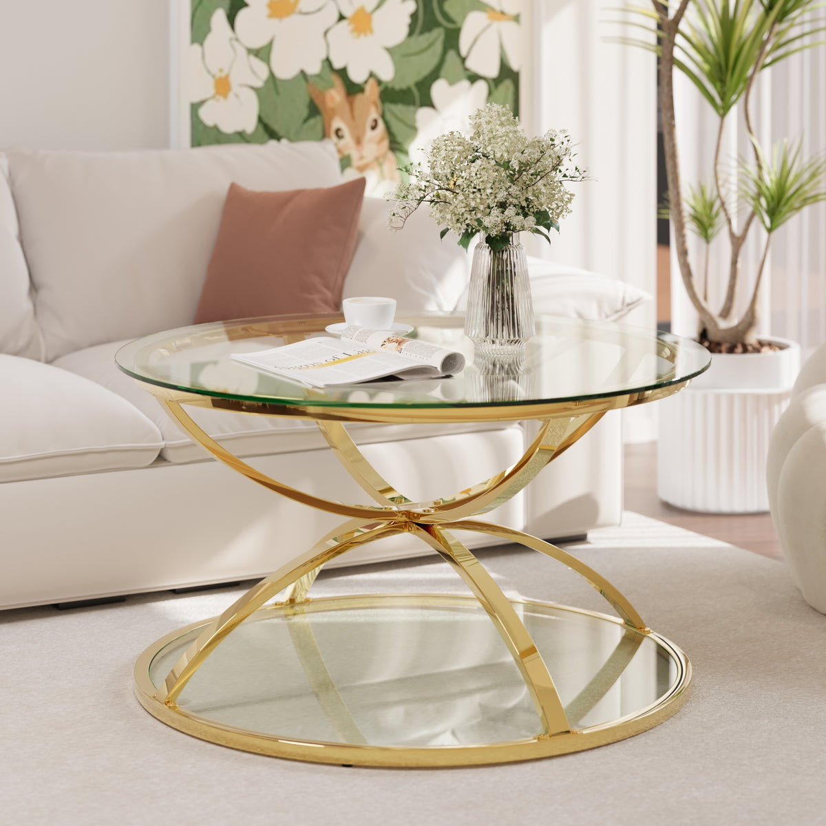 31.50'' Modern Glass Coffee Table with 2 Tiers