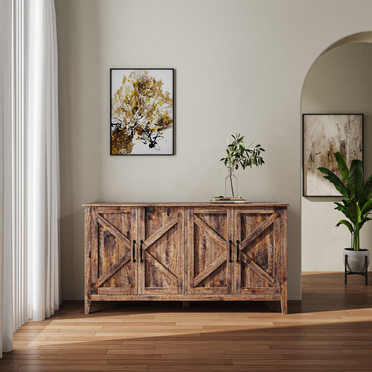 Cabinet with 4 Doors and 4 Open Shelves Freestanding Sideboard