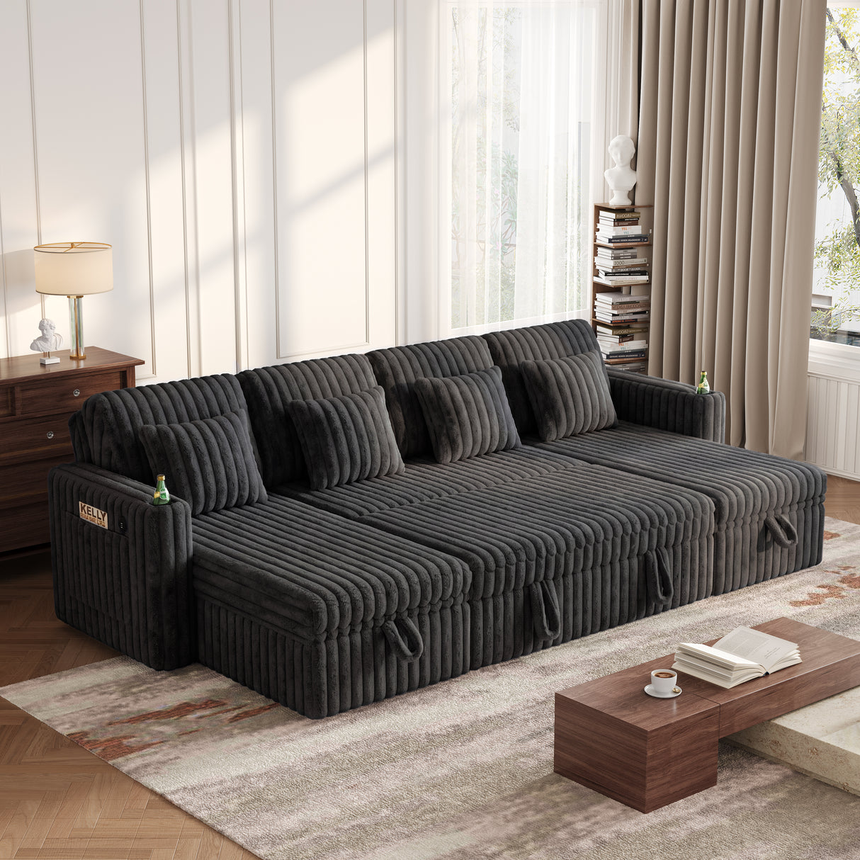 U Shaped Plush Corduroy Fluffy Sectional Sleeper Sofa
