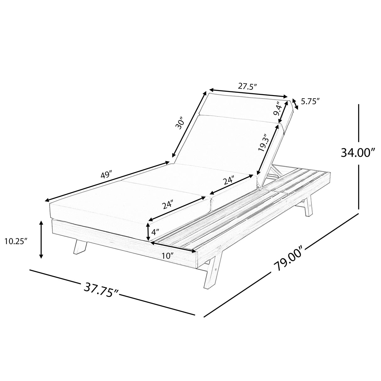 2/3 Foldable Acacia Wood Lounge Chair with Adjustable Backrest & Flat Storage Surface