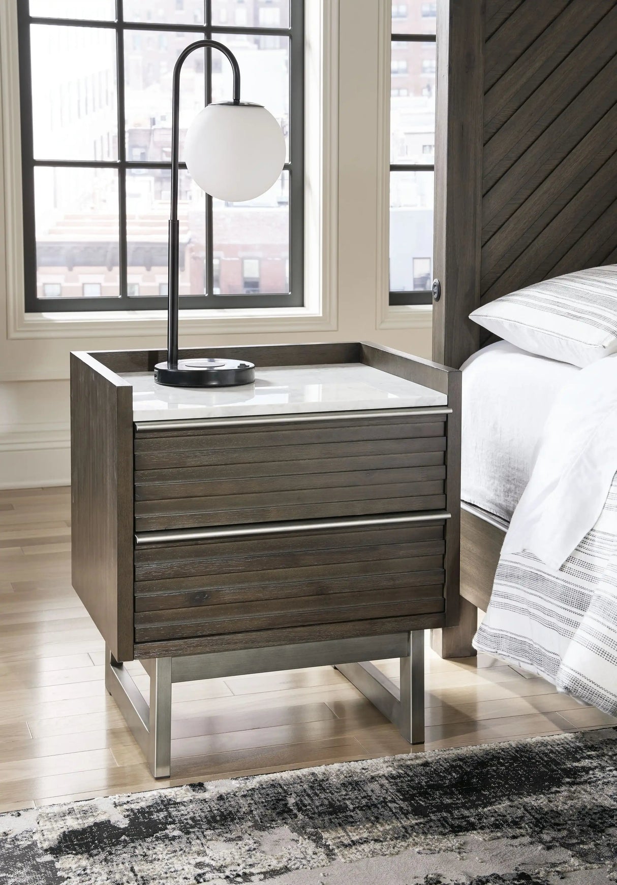Arkenton - Two Drawer Night Stand - Grayish Brown / White - Best Buy Furniture