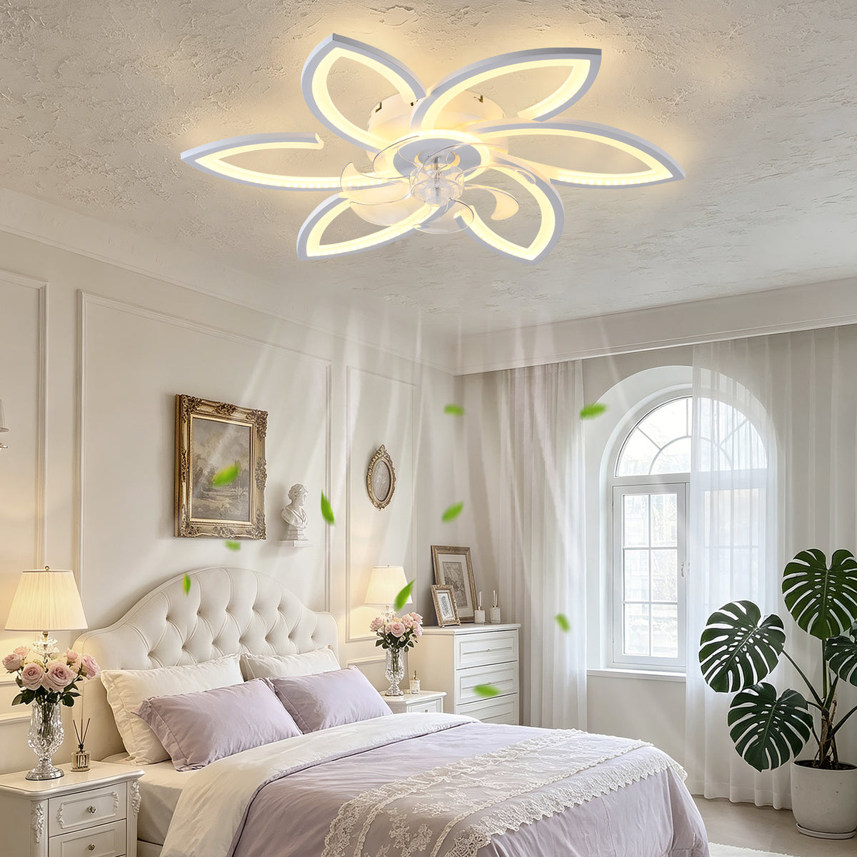 30" White Flower 6 Speeds Flush Mount Ceiling Fan