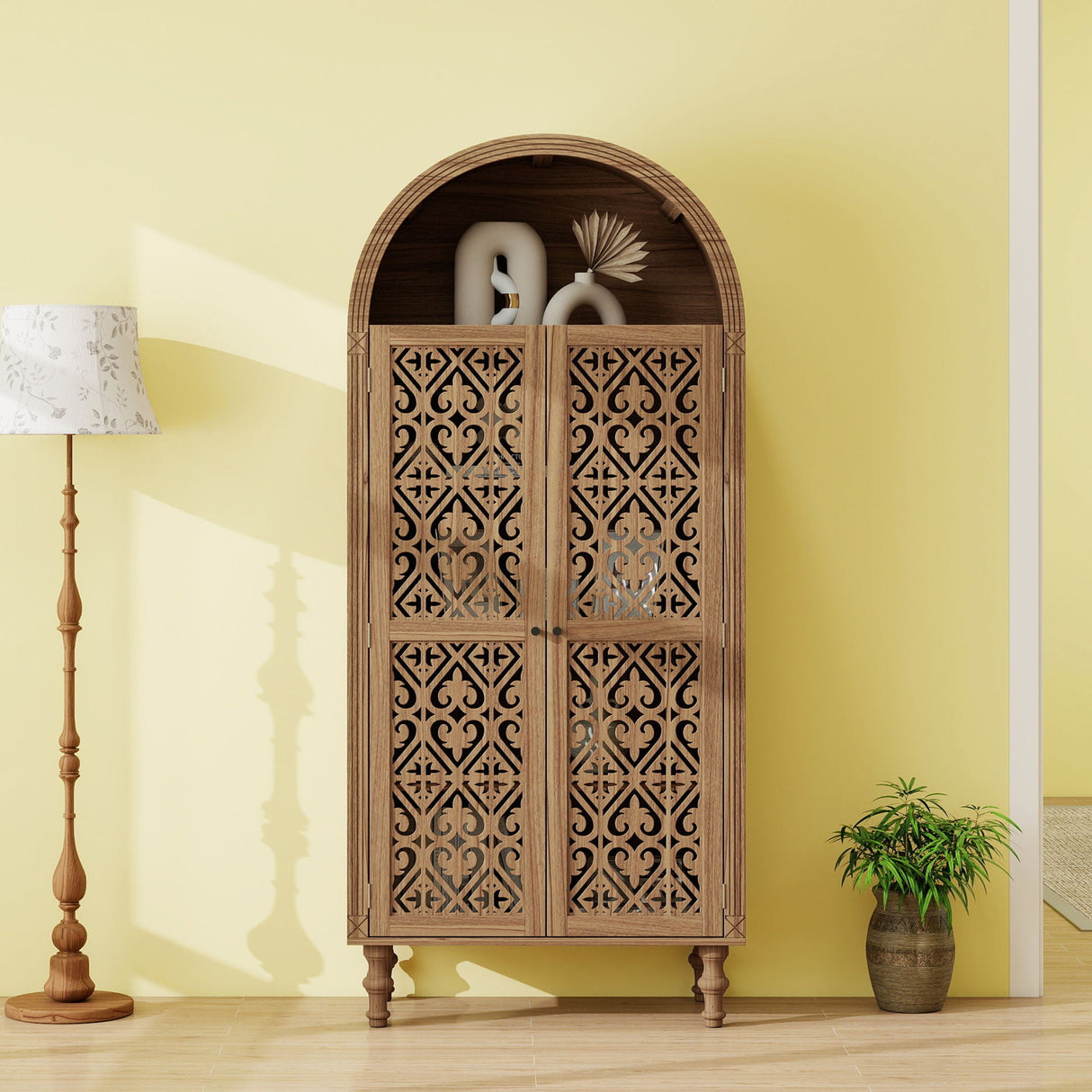 Tall Kitchen Pantry Cabinet With Hollow Carved Doors - Walnut