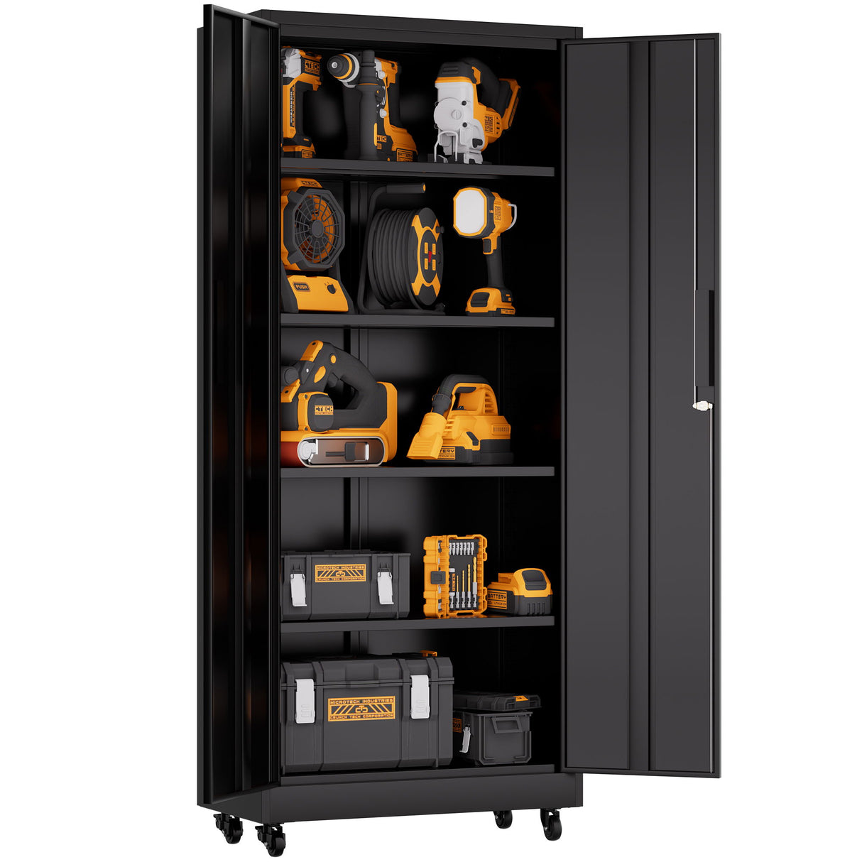 Storage Cabinet With Wheels And Lock, 4 Adjustable Shelves, 3 Point Locking Security, For Tool Organization In Garage - Black