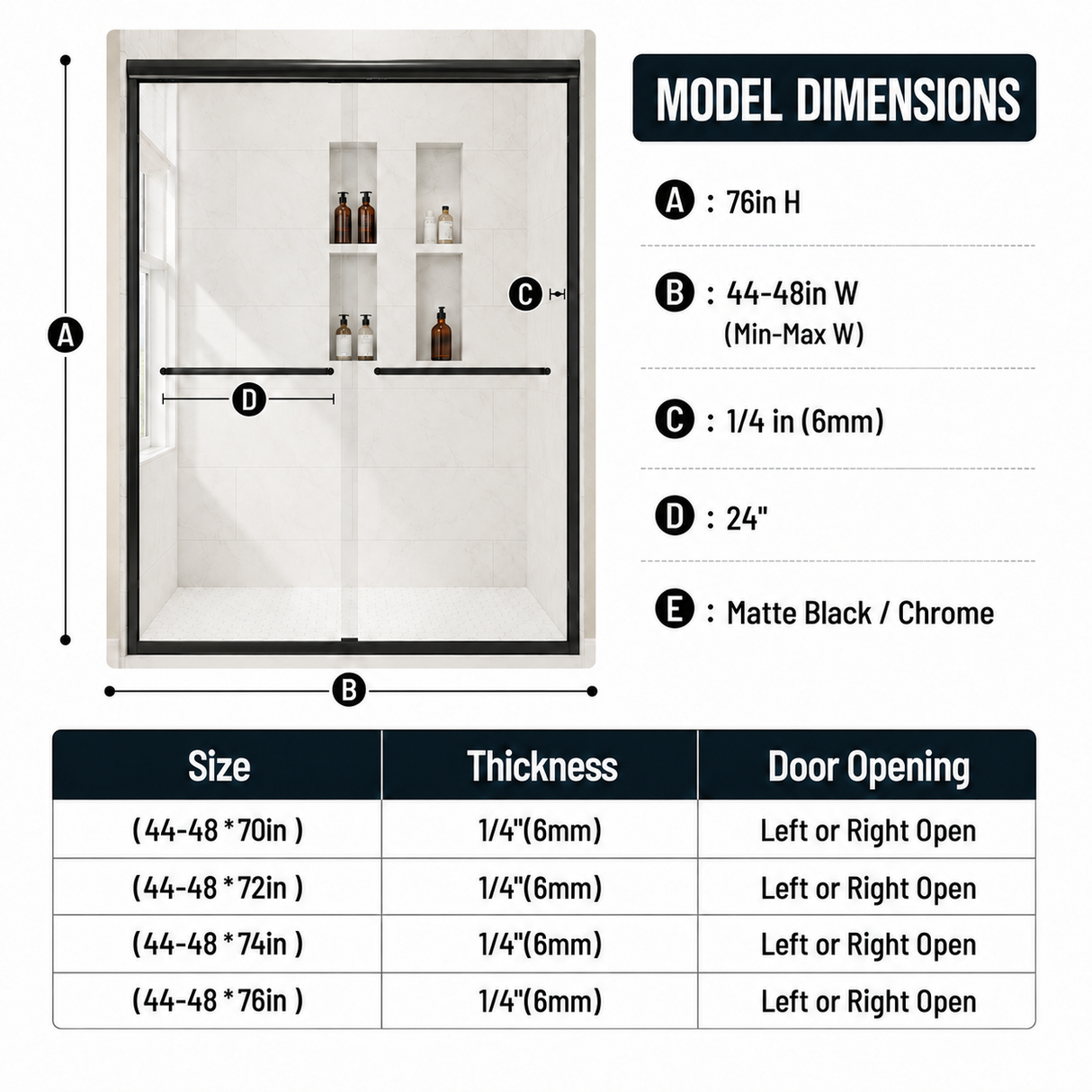 44-48" W x 76" H Framed Double Sliding Shower Door