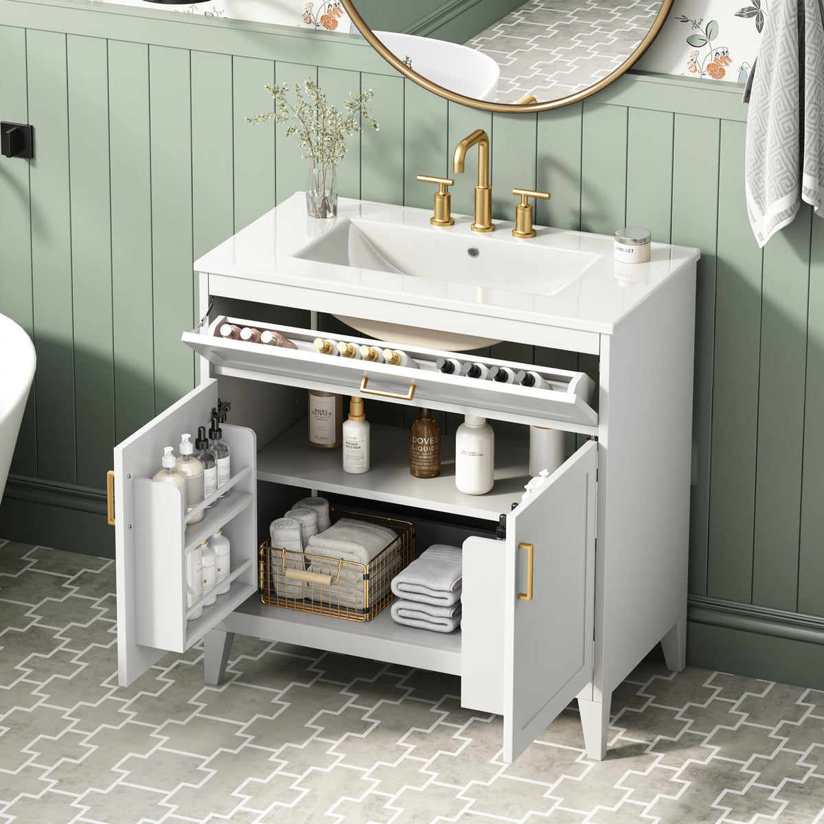 30-Inch Bathroom Vanity with Ceramic Sink Top, Soft-Close Doors, White