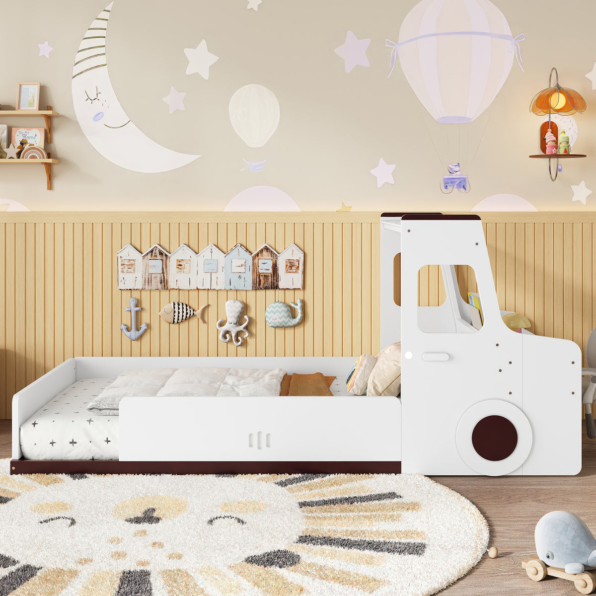 Twin Size Car-Shaped Floor Bed with Storage for Kids