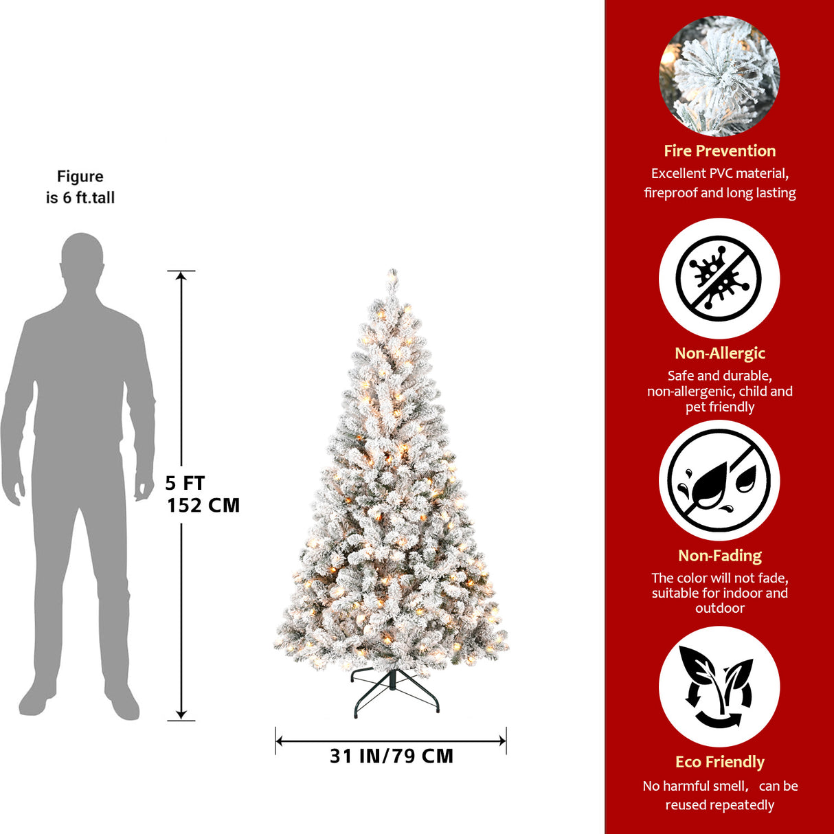 5FT Flocked Christmas Tree with 150 Warm Lights