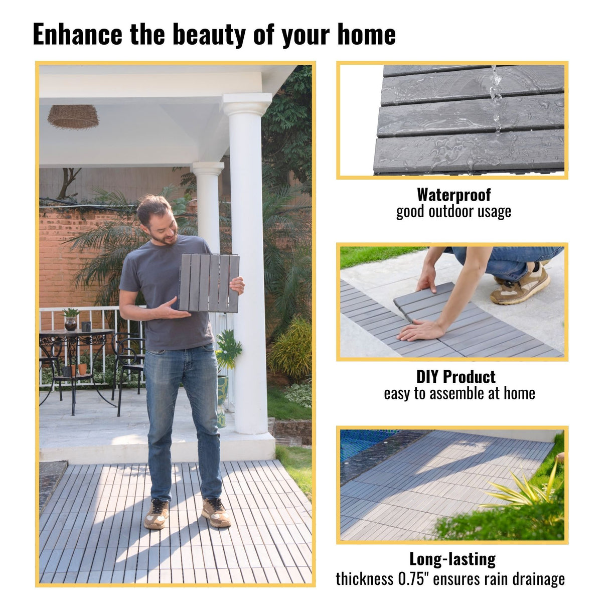 Interlocking Deck Tiles Striped Pattern, Waterproof Anti Mildew Brown