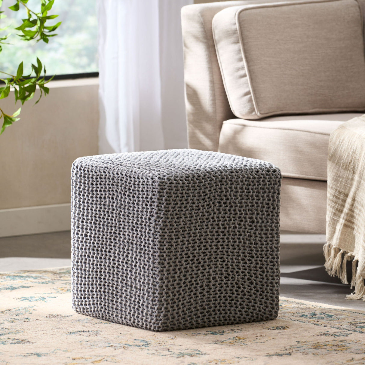 Chabani - Indoor Modern Knitted Fabric Cube Pouf Ottoman - Light Gray - Best Buy Furniture