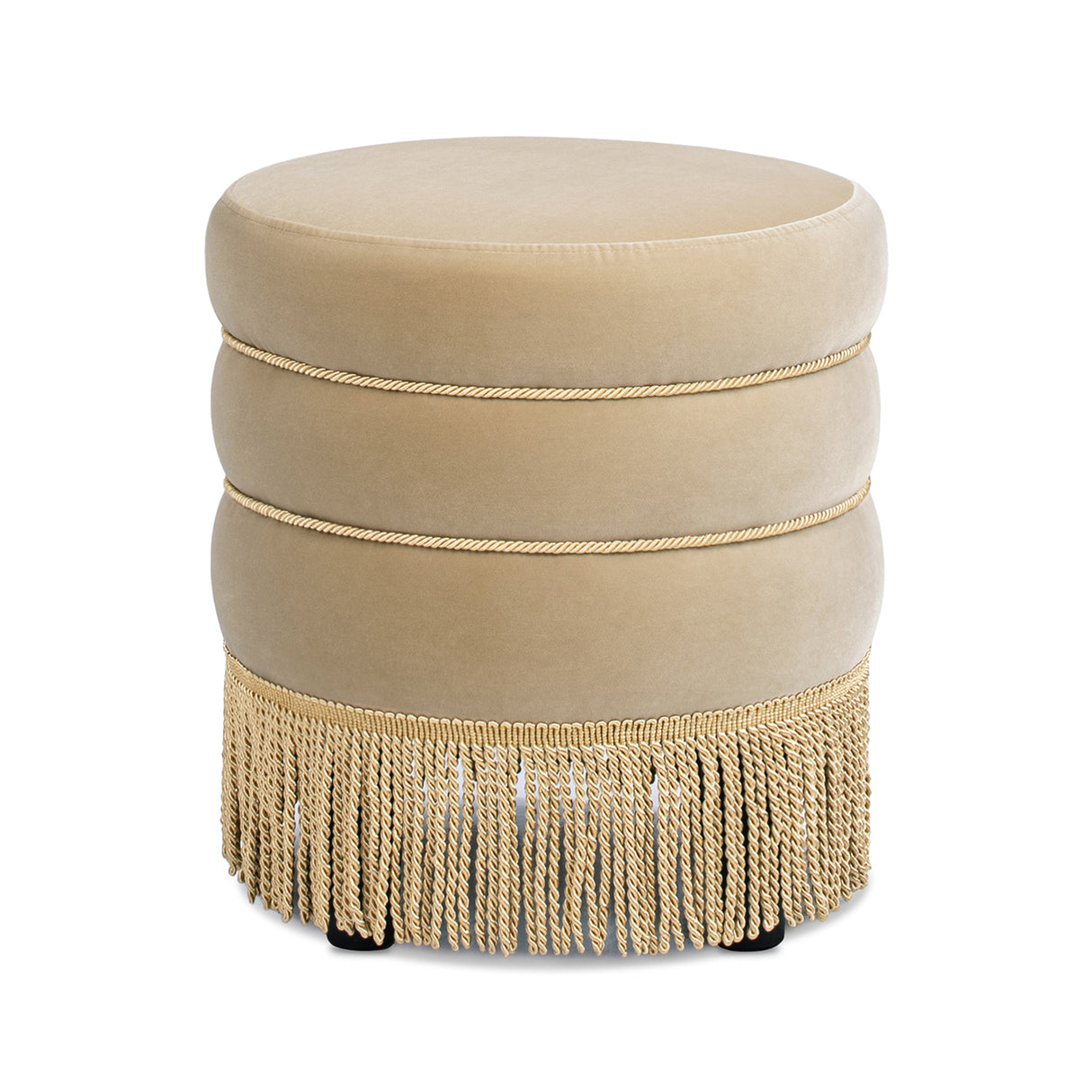 Edward 17.5" Round Upholstered Ottoman with Bullion Fringe