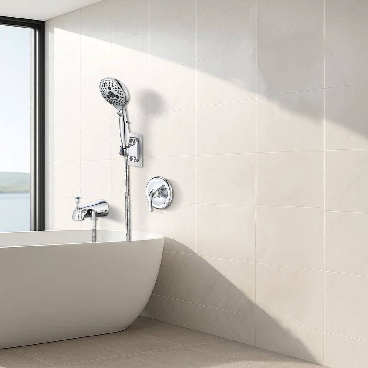 Lift-Up Diverter Bathtub Faucet with 6 Settings Handheld Shower