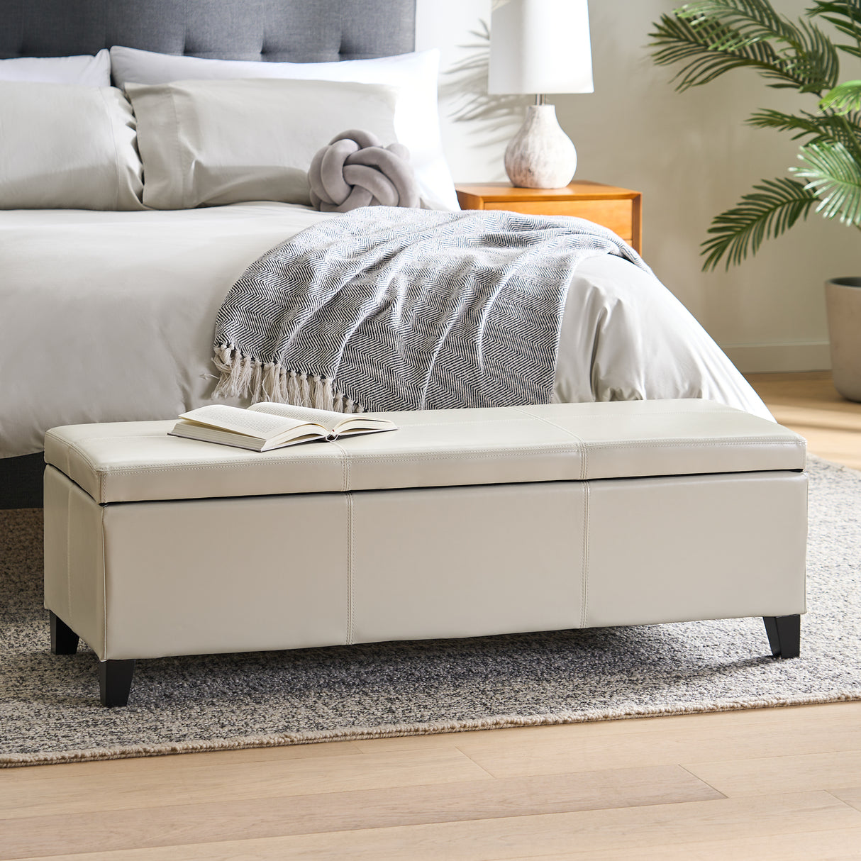Upholstered PU Leather Storage Ottoman with Solid Wooden Legs