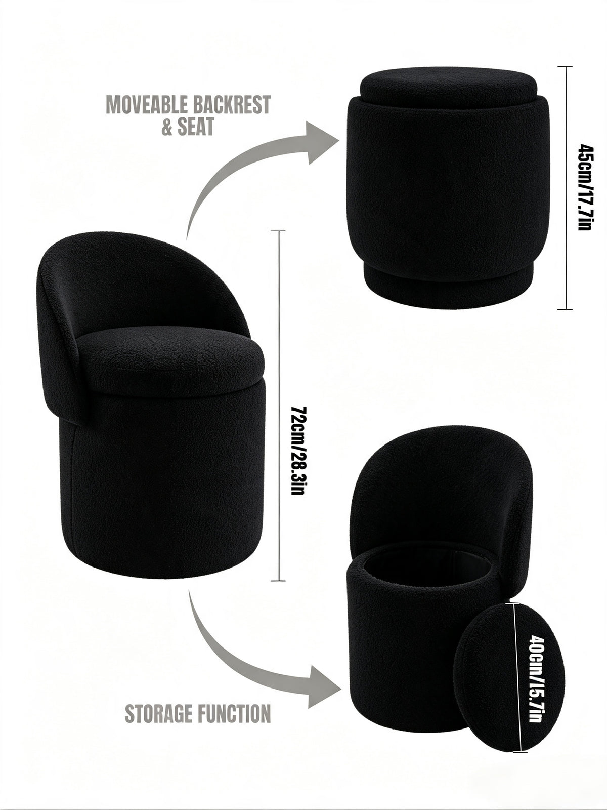 Upholstered Makeup Stool with Storage and Foldable Backrest