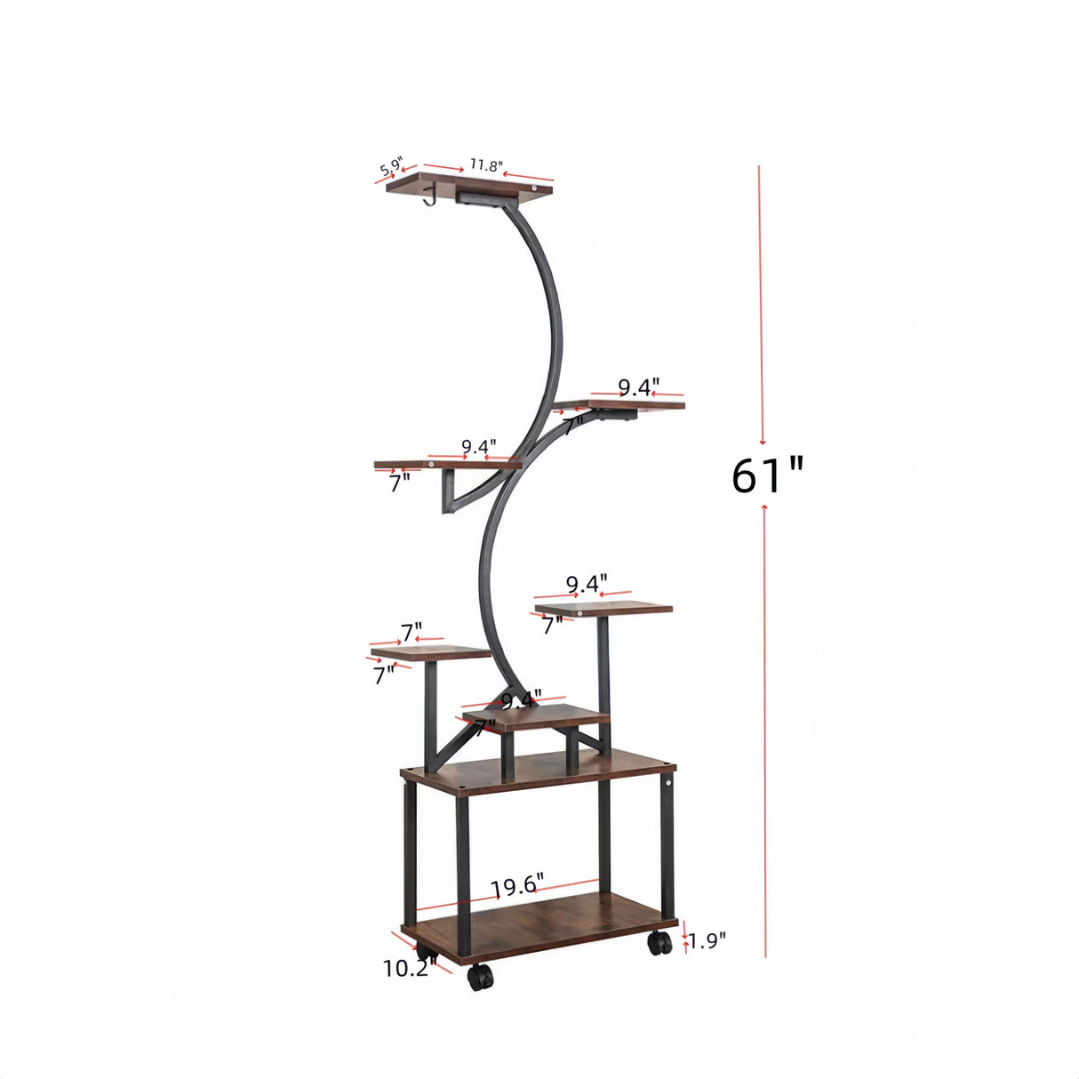 8 Tier Indoor Plant Stand With Grow Lights, S Shaped Metal Shelf For Multiple Plants - Black / Dark Walnut