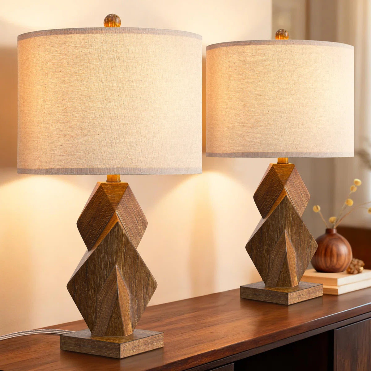 Farmhouse Table Lamps Set of 2, Wood Grain, 24.5-Inch, USB Charging