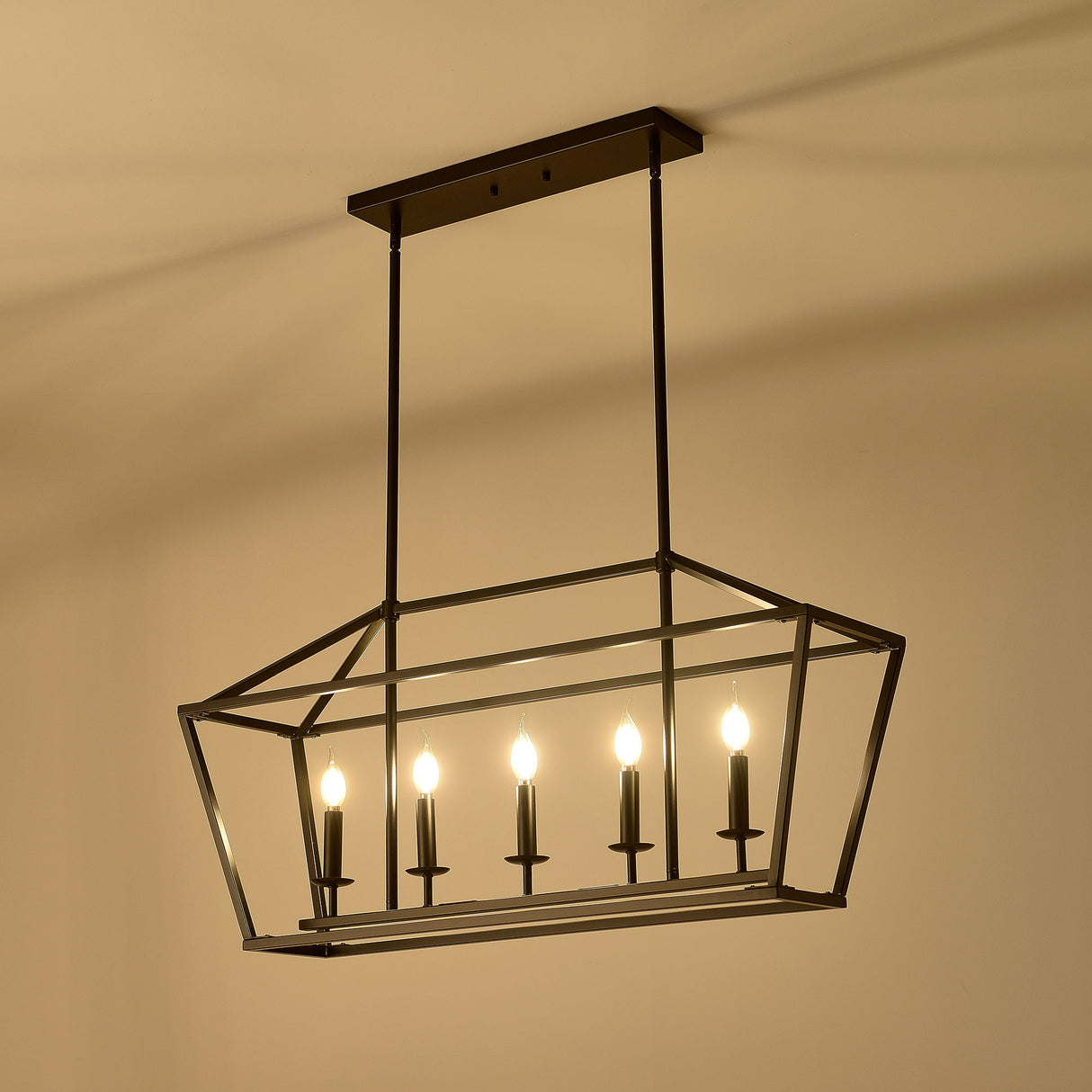 5 Light Farmhouse Kitchen Island Lighting, 5 Light Industrial Linear Chandelier For Dining Room Metal Hanging Pendant Light Fixture For Bedroom Living Room Hallway Conference Room - Matte Black