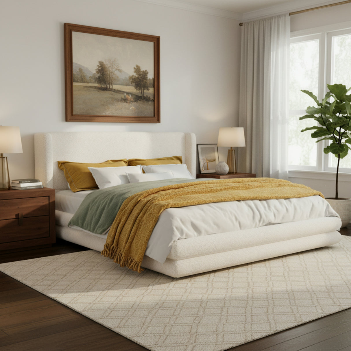 King Size Upholstered Bed Frame With Boucle Thick Wingback Headboard