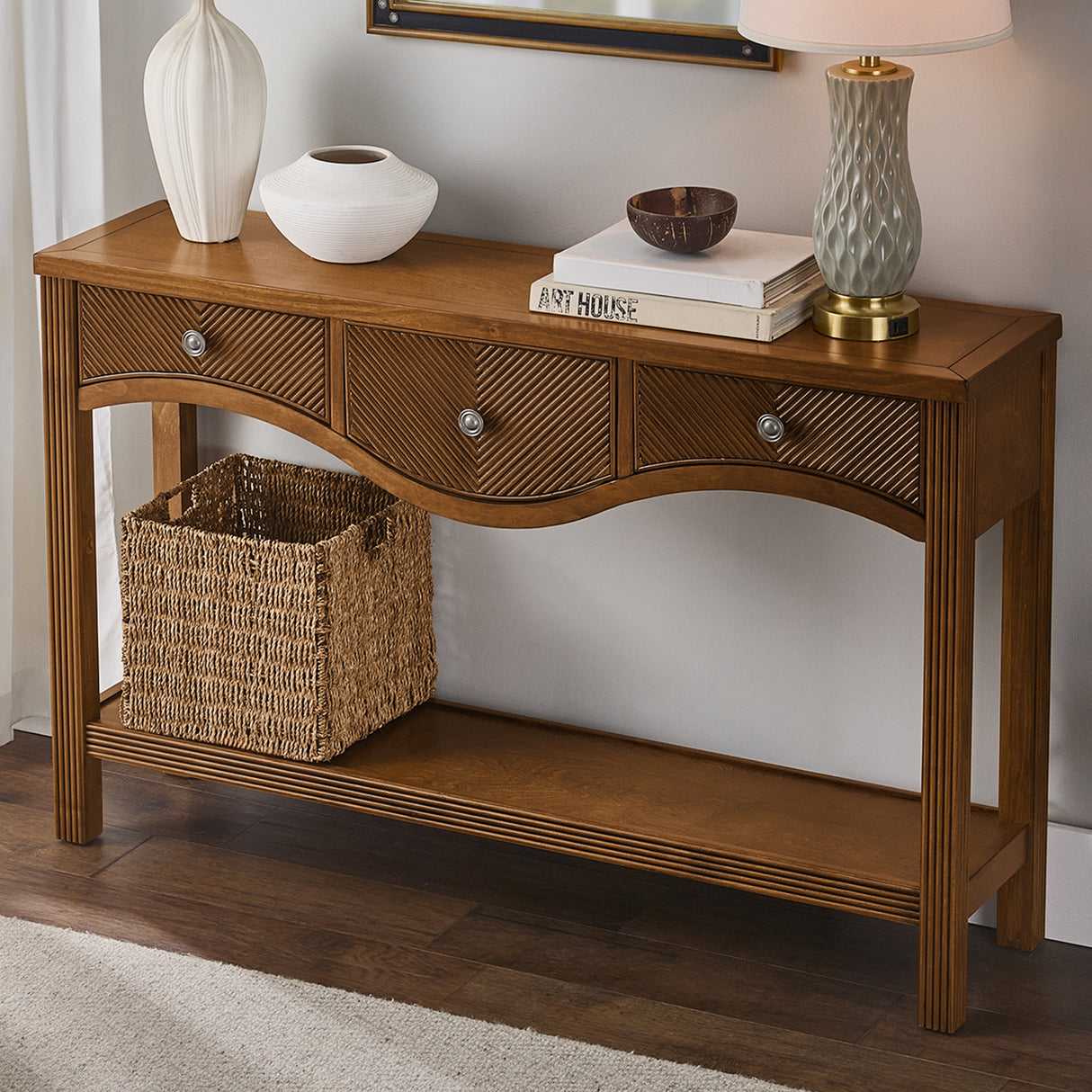52'' Fluted Wood Console Table with 3 Drawers