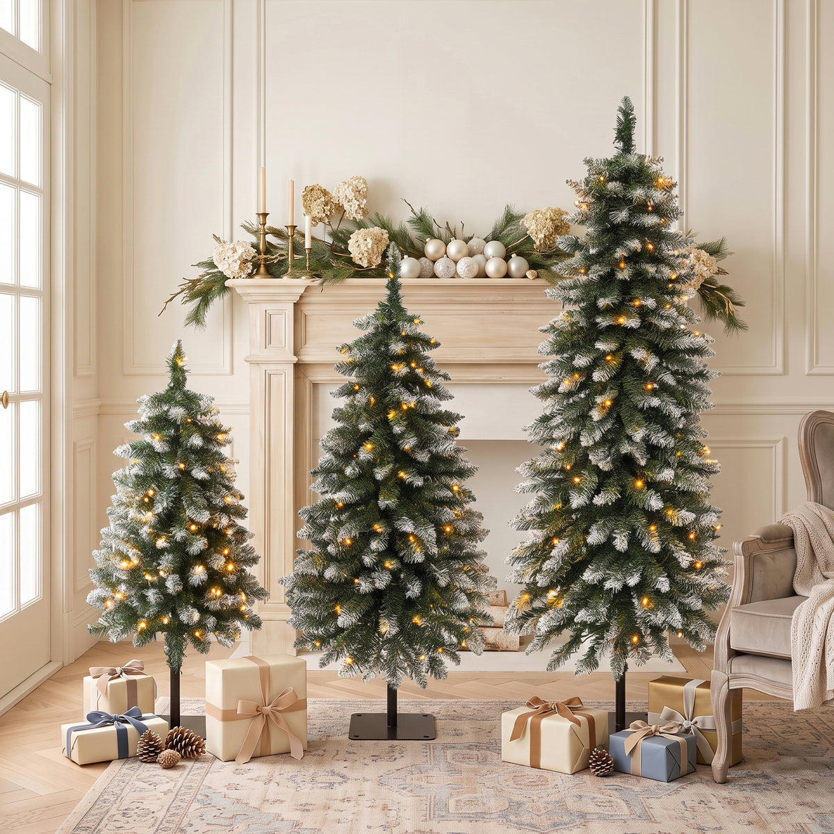 3-Pack Pre-Lit Snow Flocked Pencil Christmas Tree Set