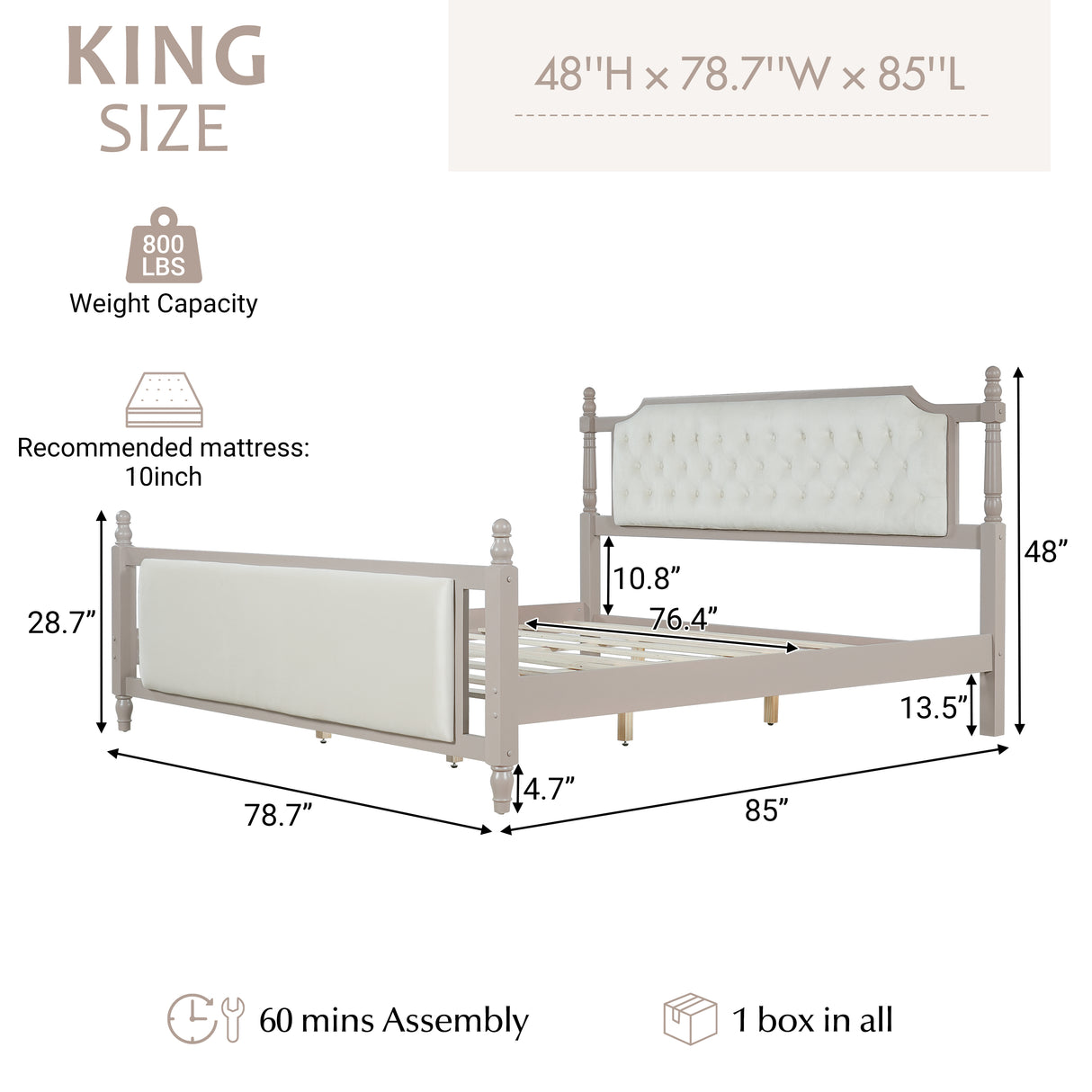King Size Upholstered Platform Bed with Button Tufted Headboard