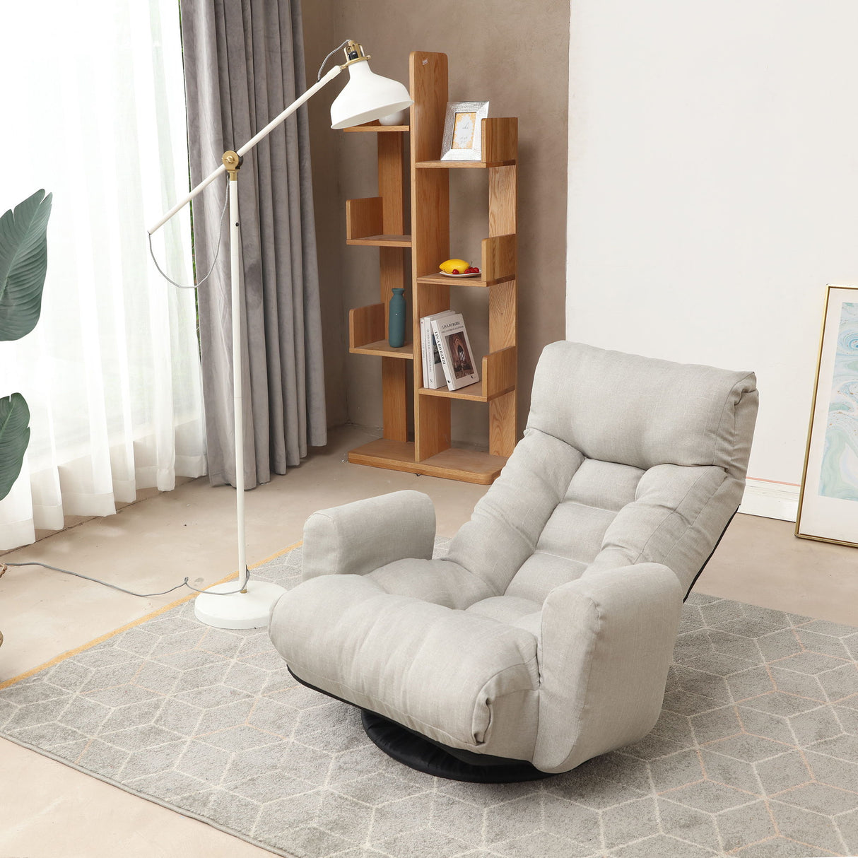 Modern With Metal Frame Swivel Game Lounge Chair With Adjustable Headrest And Waist Support, 360 Degree Rotatable Leisure Chair For Living Room - Gray
