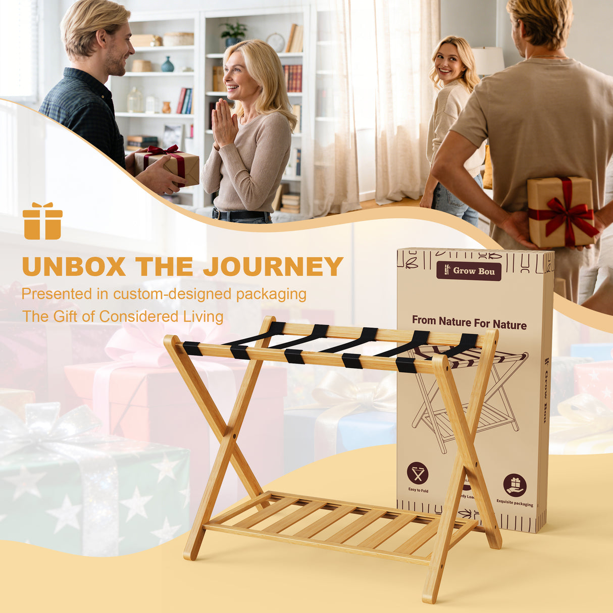 Folding Bamboo Luggage Rack with Lower Storage Shelf