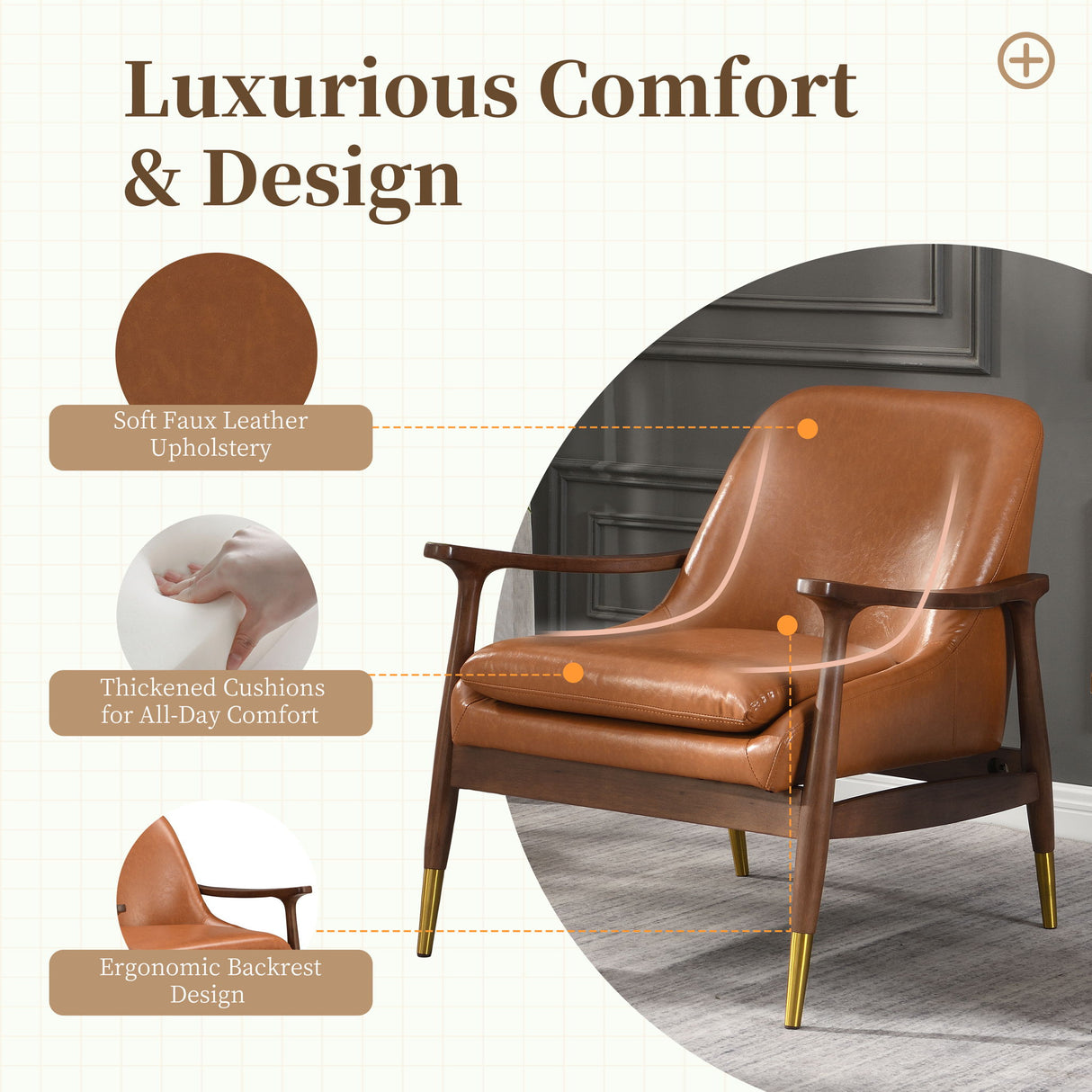 Mid - Century Accent Chair With Cushioned Seat, Brass Tipped Legs