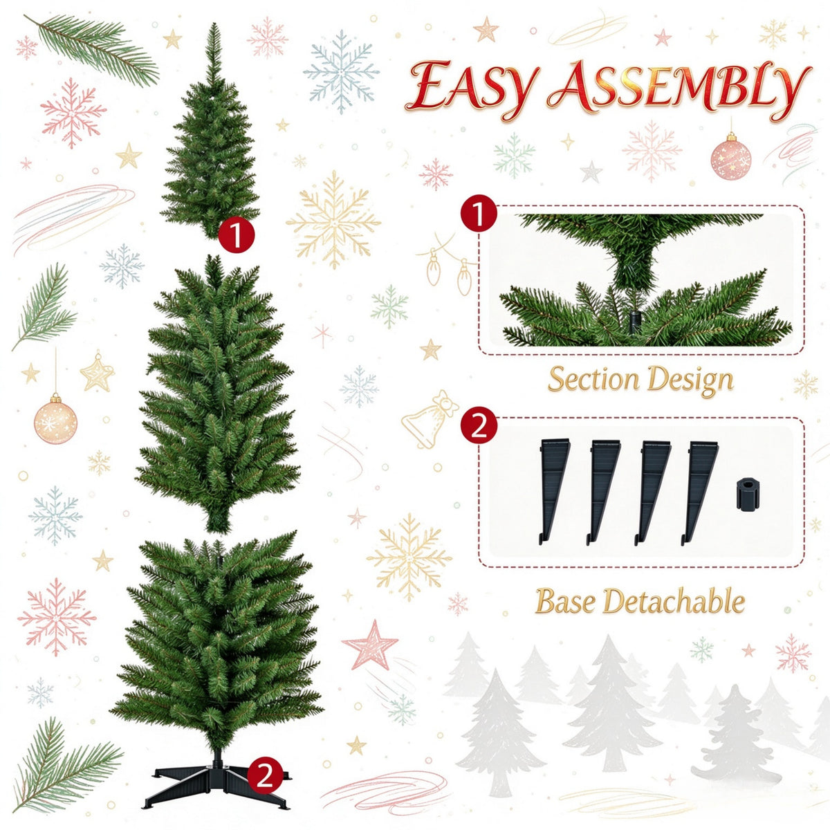 6 FT Pre-Lit Slim Noble Fir Pencil Christmas Tree, 390 Branch Tips, Warm White LED