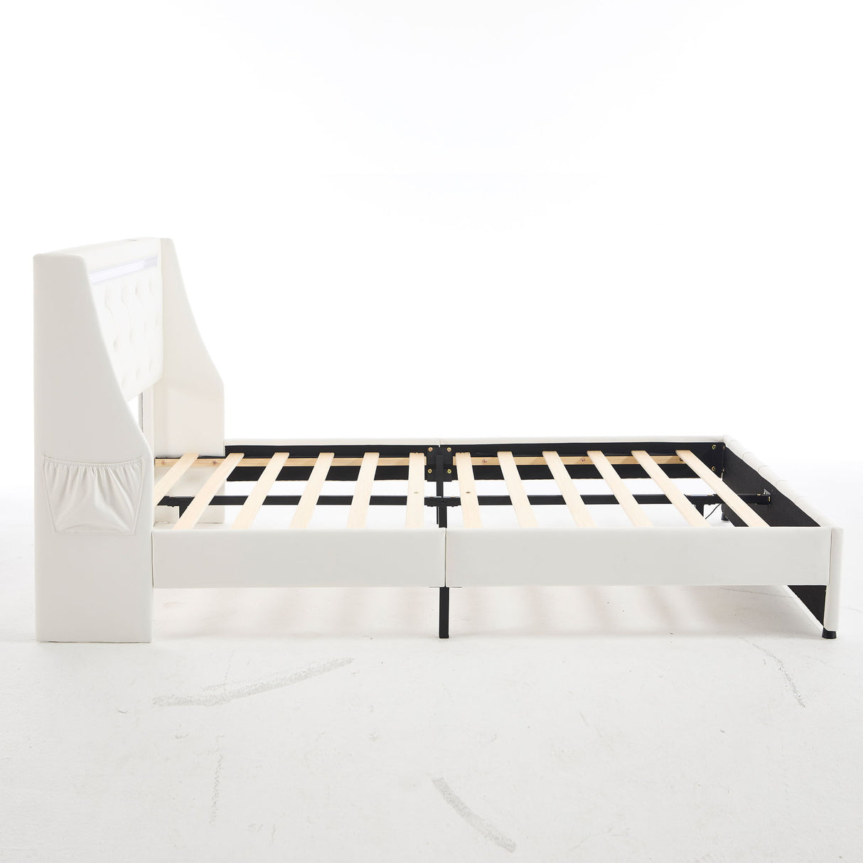 Wingback Upholstered Bed Frame With LED Lights, Charging Station