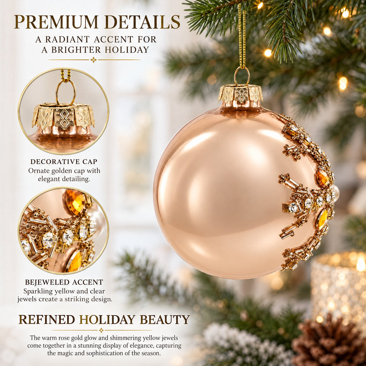 Rose Gold and Yellow Bejeweled Glass Egg Christmas Ornament