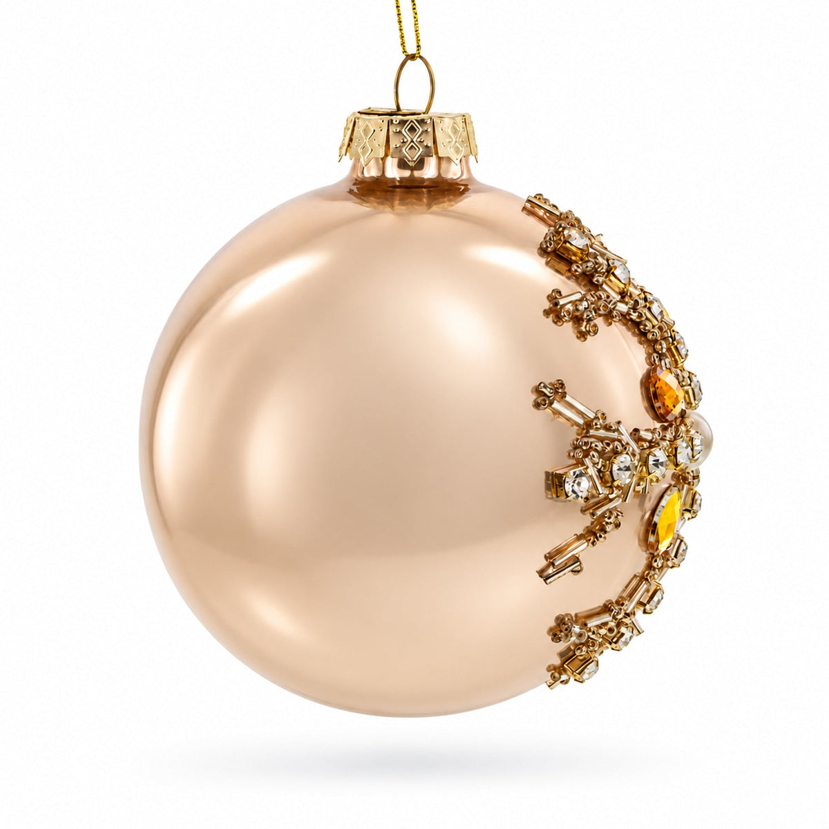 Rose Gold and Yellow Bejeweled Glass Egg Christmas Ornament
