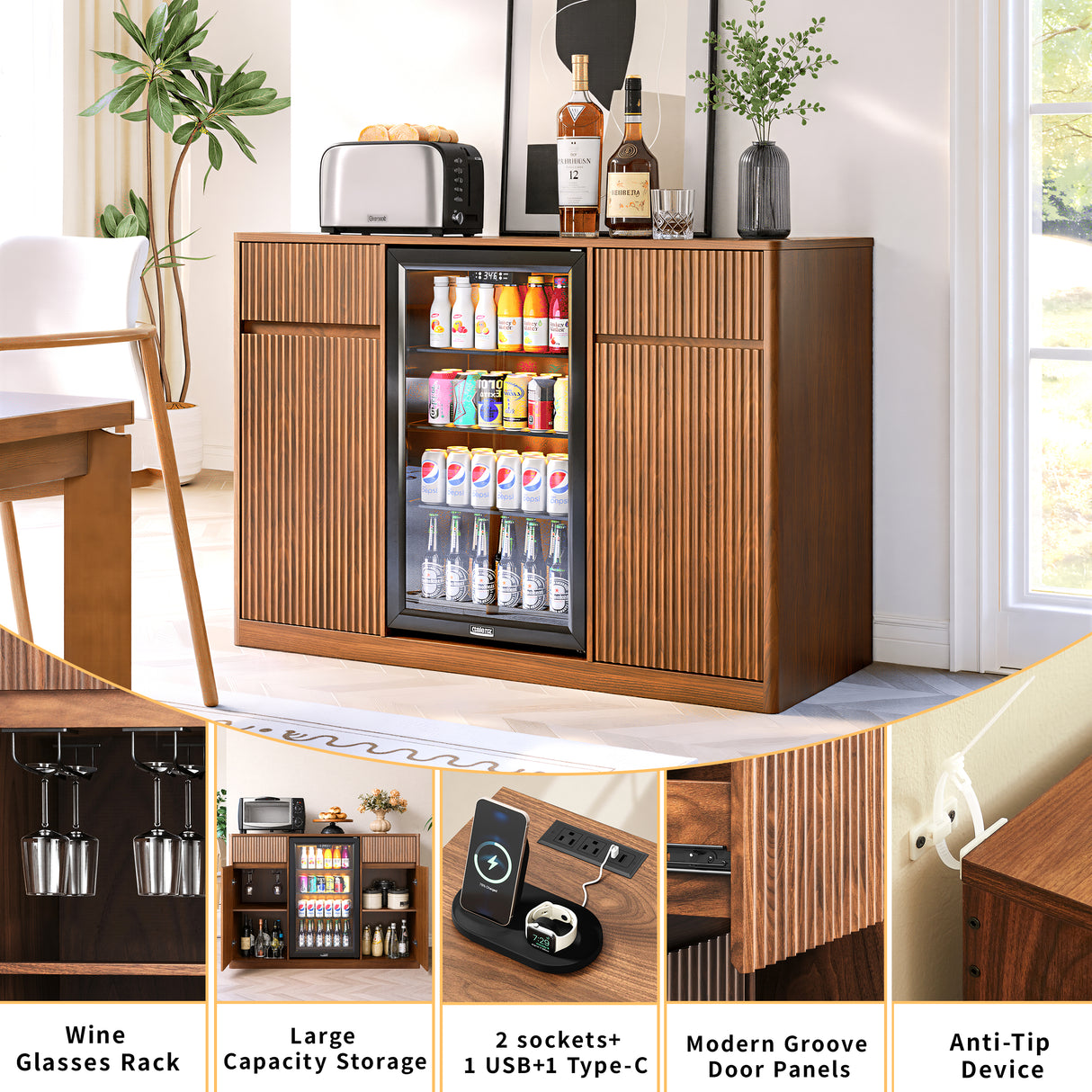 53.2" Fluted Buffet Wine Cabinet with Mini Fridge Nook