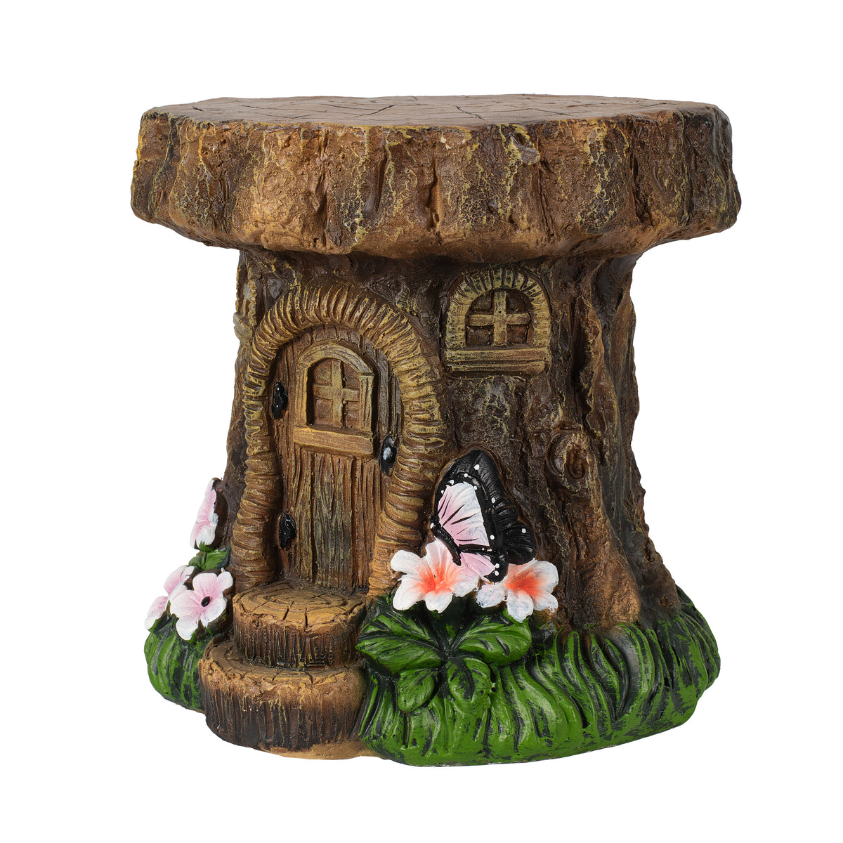Tree Stump Fairy House Sculptures Garden Statue Stool with Whimsical Design
