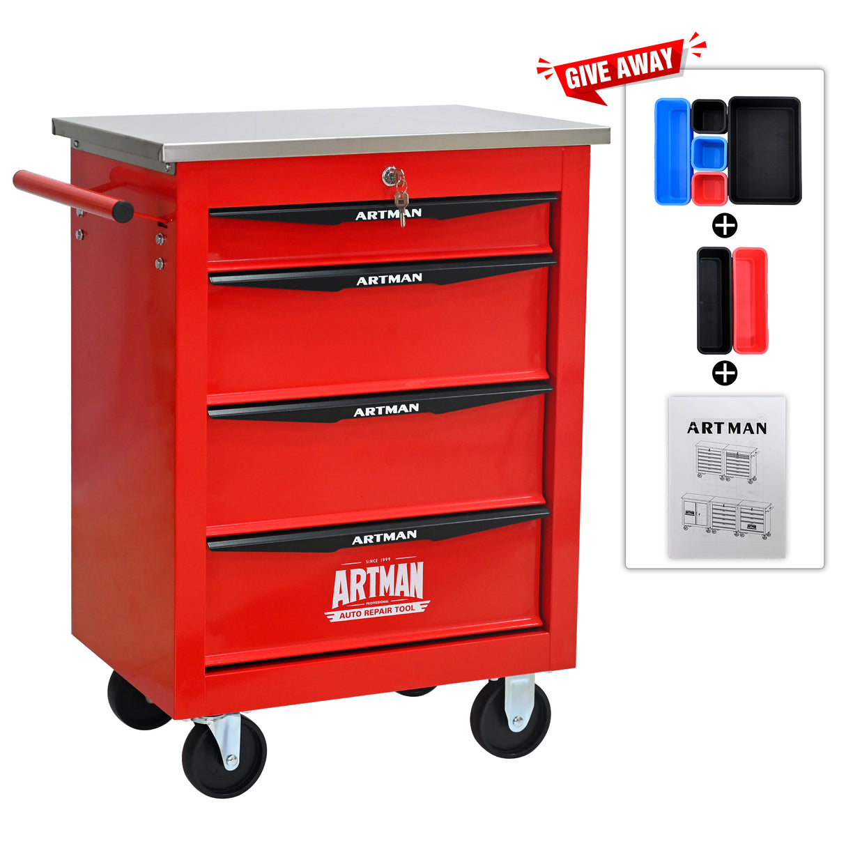 4 Drawers Multifunctional Tool Cart with Wheels, Red & Black