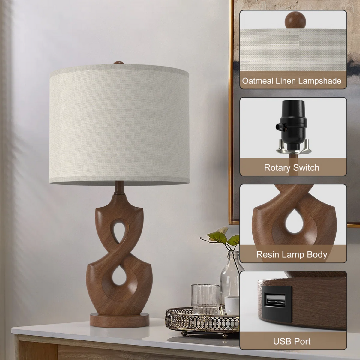 Resin Dimmable Table Lamp Pair with USB Ports, 24.5-Inch, Antique Natural
