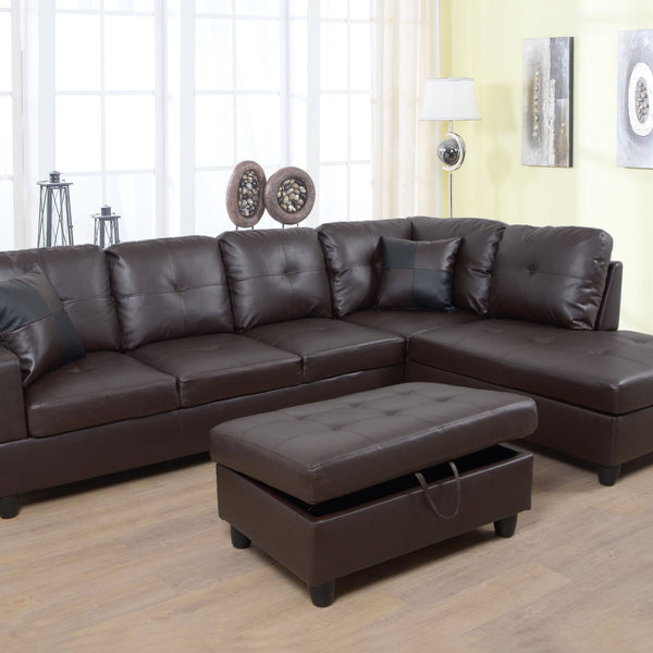3 Pc Sectional Sofa Set Brown Faux Leather Left-Facing Chaise