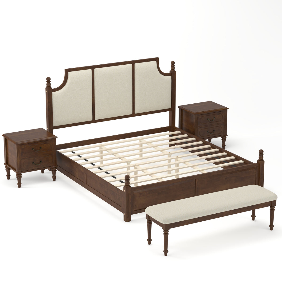 4-Piece King Bedroom Set with Fluted Bed, 2 Nightstands, Bench, Walnut