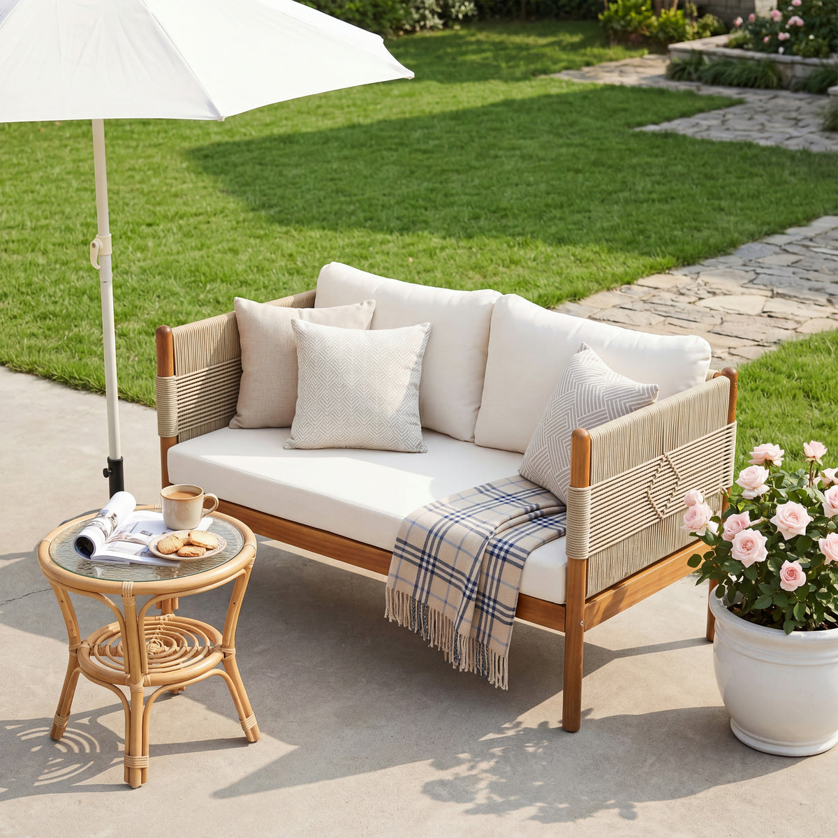 Outdoor Acacia Wood Loveseat with Diamond Rope Weave & Cushions