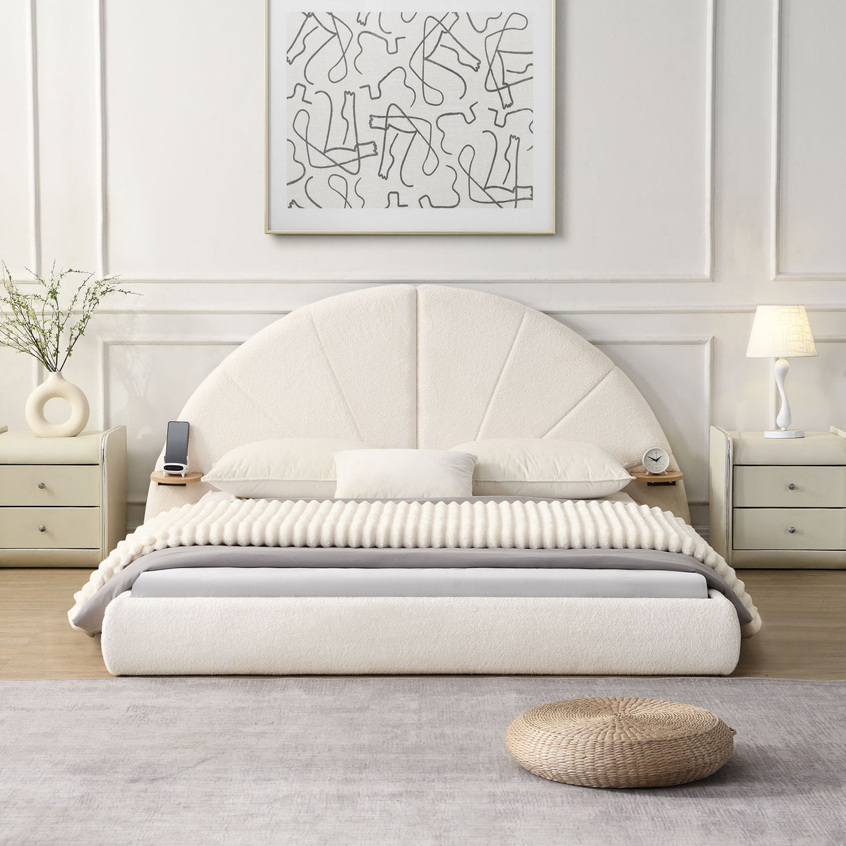 Queen Arched Bed With Small Table, Floor Standing Design - Beige