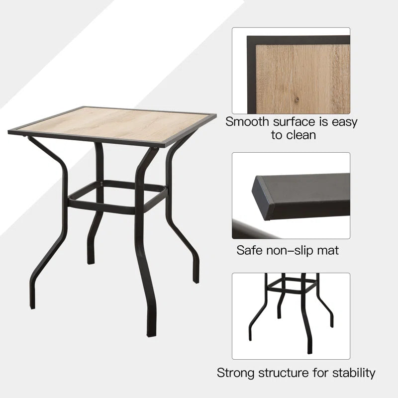 Outdoor Patio Bar Table Square Metal Table with Wood-Look Tabletop